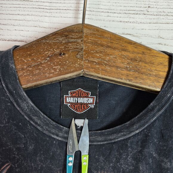 Harley Davidson Eagle Women Tee Black Oconomowoc Wisconsin Stone Wash Sz S Flaw - Picture 5 of 10